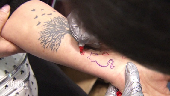 Ein Katzen-Tattoo wirt mit Filzstiften vorgezeichnet. © Screenshot 