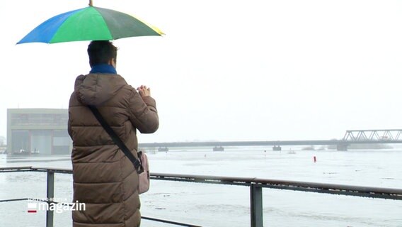 Von hinten zu sehen: Eine Person mit einem Regenschirm schaut auf die Elbe. © Screenshot 