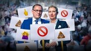 Die AfD-Parteivorsitzenden Tino Chrupalla und Alice Weidel zwischen Protestplakaten mit Emojis. (extra 3 vom 08.02.2024 im Ersten) © NDR 