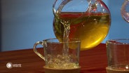 Aus einer gläsernen Kanne wird gelbe Flüssigkeit in ein Glas gegossen. © Screenshot 