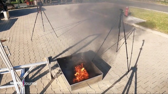 Ein brennendes Objekt bei einer Versuchskonstellation im Freien. © Screenshot 