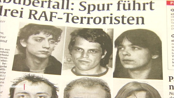 Ein alter Zeitungsartikel mit Fahndungsfotos von den damals noch jungen RAF-Mitgliedern Klette, Garweg und Staub. © Screenshot 
