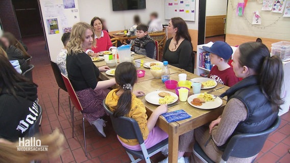 Kinder und Erwachsene sitzen an einem Tisch und essen zusammen Mittag. © Screenshot 