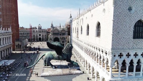 Die Piazza San Marco in Venedig mit dem Dogenpalast und den berühmten geflügelten Löwenstatuen. © Screenshot 