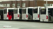 Zahlreiche Busse stehen ungenutzt nebeneinander. © Screenshot 
