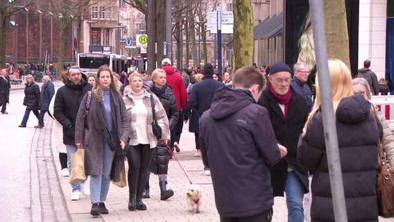 Passanten gehen am verkaufsoffenen Sonntag durch die Hamburger Innenstadt. © Screenshot 