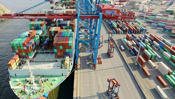 Ein Frachtschiff, beladen mit Containern, liegt am Terminal "Tollerort" im Hamburger Hafen. © Screenshot 