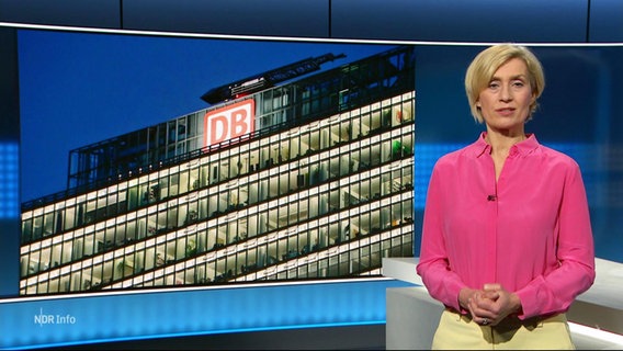 Moderatorin Susanne Stichler neben einem Bild des DB-Sitzes. © Screenshot 
