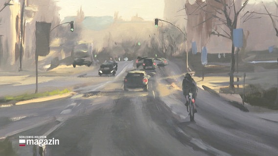 Ein Gemälde von Lars Möller, auf dem Straßenverkehr in einer Stadt abgebildet ist. © Screenshot 