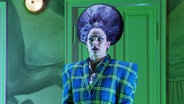 Eine Schauspielerin mit kariertem Jacket und kreisrund abstehenden Haaren steht in grünem Licht auf der Bühne. © Screenshot 