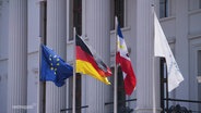 Flaggen wehen im Wind. Darunter die blaue EU-Flagge mit den Sternen, die deutsche und die Bundeslandflagge von Mecklenburg-Vorpommern. © Screenshot 