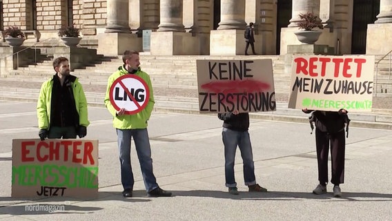 Vier Menschen haben Schilder in der Hand, die sich gegen die LNG-Pipeline richten. © Screenshot 