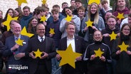 Junge Menschen und der Ministerpräsident von Schleswig-Holstein, Daniel Günther, stehen auf einer Treppe und halten gelbe Europa-Sterne. © Screenshot 
