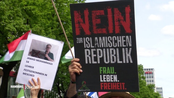 Plakate und Banner werden auf einer Demonstration gegen Islamisten in die Luft gehalten. © Screenshot 