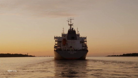 Ein Containerschiff fährt die Elbe entlang, man sieht es im Abendlicht von achtern. © Screenshot 