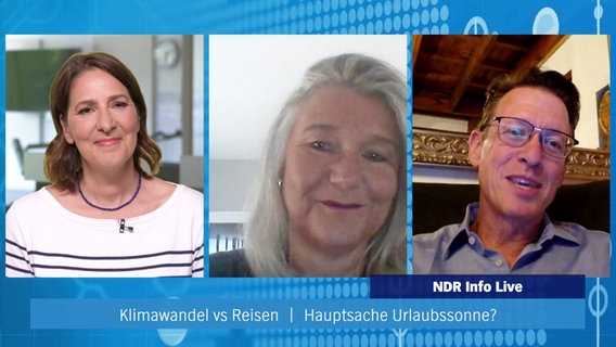 Janine Albrecht moderiert NDR Info live. Sie spricht mit Reiseberaterin Gabriele Kausche und Tourismusforscher Harald Zeiss. © Screenshot 