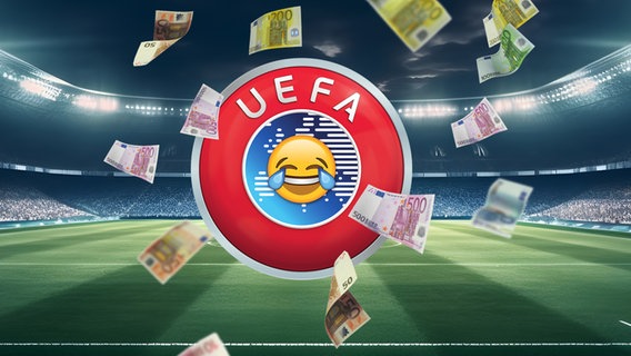 Ein lachendes UEFA-Logo unter einem Geldschein-Regen. (extra 3 vom 16.05.2024 im Ersten) © NDR 