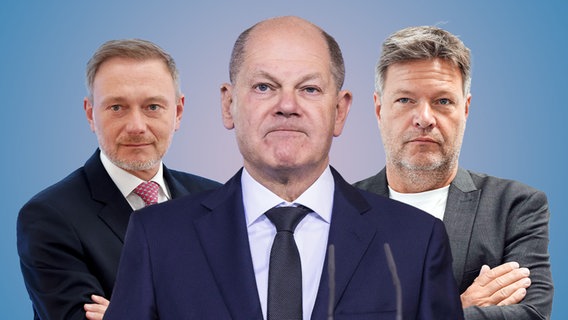 Ampelkoalitionäre Christian Lindner, Olaf Scholz und Robert Habeck. (extra 3 vom 16.05.2024 im Ersten) © NDR 
