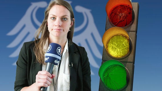 Reporterin Céline vor dem Bundesadler und einer Ampel. (extra 3 vom 16.05.2024 im Ersten) © NDR 