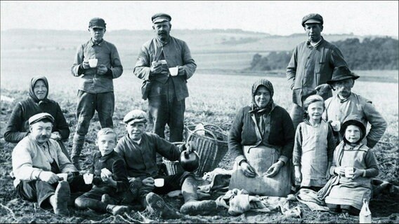 Historische Schwarz-Weiß-Fotografie: Mehrere Kinder und Erwachsene auf einem Feld © NDR 