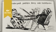 Karikatur zeigt zwei ringende Theatergebäude. Überschrift "Der Bruderzwist zwischen Burg- und Stafttheater" (1965)  