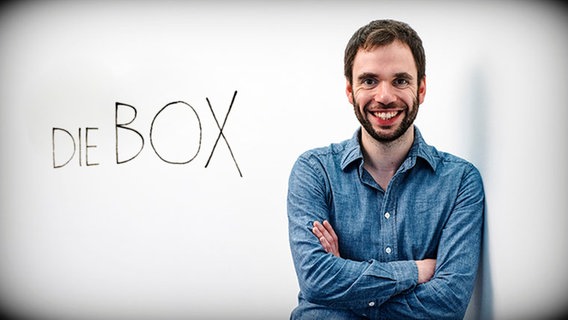 Autor Hans Jakob Rausch vor einer Wand mit dem Schriftzug "DIE BOX".  