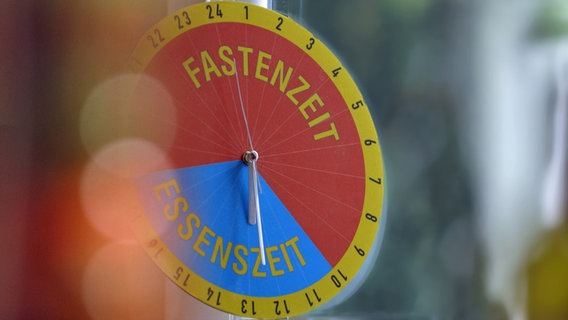 Uhr mit 24-Stunden-Einteilung und der Beschriftung "Fastenzeit" - "Essenszeit". Uhr mit 24-Stunden-Einteilung und der Beschriftung "Fastenzeit" - "Essenszeit". © NDR