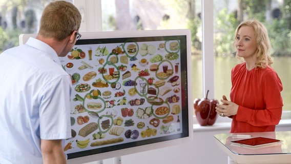 Ernährungs-Doc Anne Fleck schauen auf einen Bildschirm mit Fotos von Lebensmitteln. © NDR 