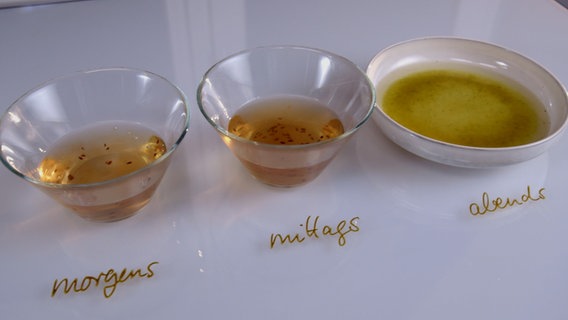 Drei Schüsselchen mit Flüssigkeit auf einem Tisch, beschriftet mit "morgens", "mittags", abends". © NDR Foto: Moritz Schwarz/Oliver Zydek