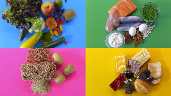 Collage: Lebesmittel auf bunten Feldern - Obst und Gemüse, danenebn Hülsenfrüchte, Fisch und Fleisch, darunter Brot und Kartoffeln , daneben Süßigkeuten. © NDR 