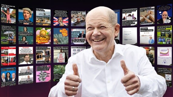 Bundeskanzler Olaf Scholz vor einer Tapete mit extra 3-Bildbeiträgen © extra 3 