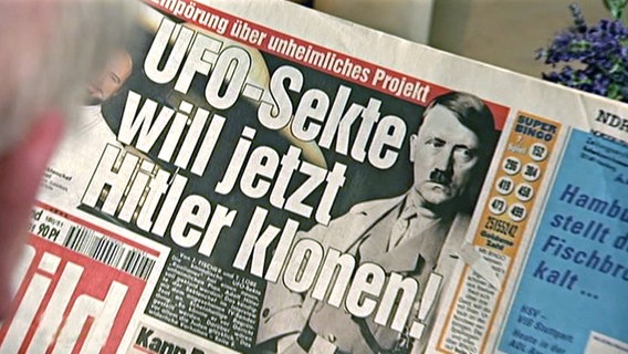 Bild Zeitungsschlagzeile: "UFO Sekte will jetzt Hitler klonen".  