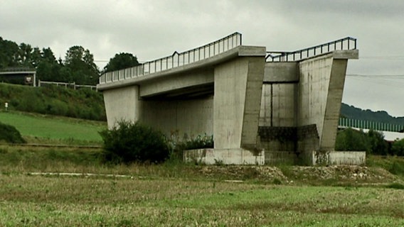 Eine Brücke ohne Straßenanschluss steht auf einer Wiese. © NDR Foto: Screenshot