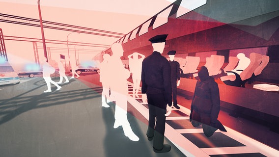 Illustration zeigt Szene am Bahnsteig in Rot- und Grautönen. Regionalexpress steht im Gleis. Reduziert dargestellte Figuren verlassen den Zug. Neben der knienden Täterfigur stehen zwei Beamte. © NDR/Thorben Korpel 