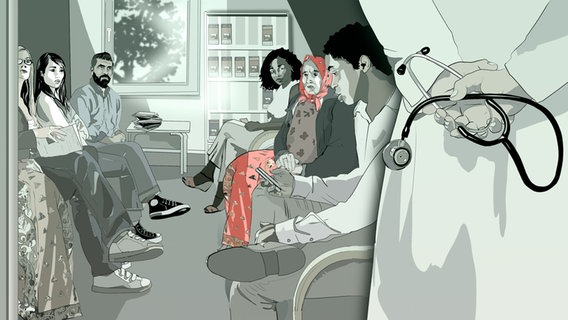 Illustration: Blick in ein Wartezimmer mit Menschen diverser Herkunft. Im Vordergrund rechts der Rücken eines Arztes mit Stethoskop in den hinter dem Rücken verschränkten Händen. © NDR/Uta Röttgers Foto: Uta Röttgers