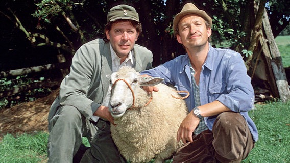Neues aus Büttenwarder: Brakelmann und Adsche posieren mit einem Schaf. © NDR/I. Walther 