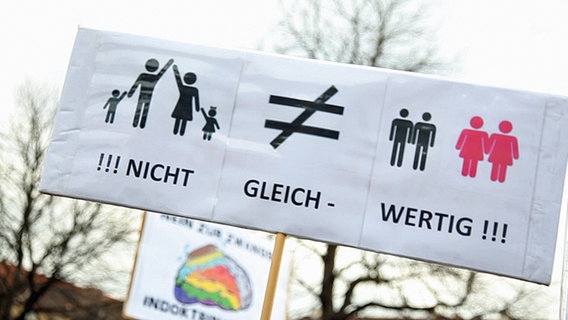 Ein Schild auf einer Demonstration mit Piktogrammen von einer Familie und homosexuellen Paaren und dem Schriftzug: "Nicht gleichwertig". © NDR 