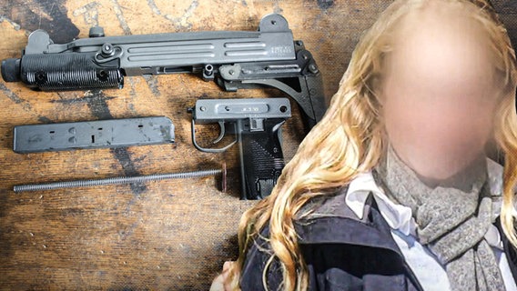 Fotomontage aus dem (unkenntlichgemachten) Gesicht einer Frau, die von ihrem Mann ermordet wurde - und der Tatwaffe, einer Uzi-Maschinenpistole. © NDR 