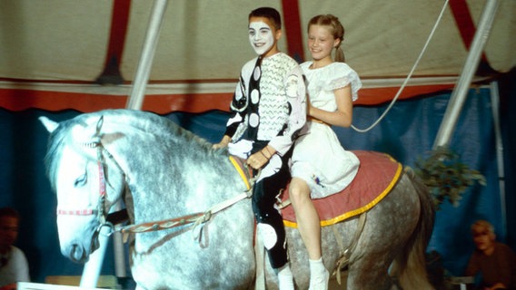 Rafael als Harlekin und Natascha reiten im Zirkuszelt auf einem weißen Pony © NDR 