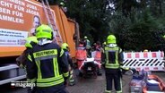 Einsatzkräfte der Feuerwehr und des Rettungsdienstes stehen an einem Müllwagen in Schnakenbek im Kreis Herzogtum Lauenburg. © NonstopNews 