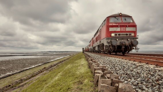 Doppelattraktion: Zwei Dieselloks der Bahn ziehen einen Autozug über den Hindenburgdamm. © NDR / Markus Wendler Foto: Markus Wendler