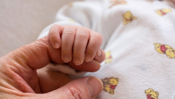 Säugling hält sich mit seiner Hand an einem Finger eines Erwachsenen fest. © colourbox Foto: alho007
