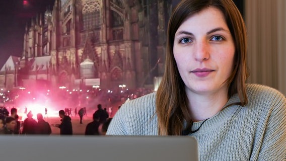ZAPP-Reporterin Lea Eichhorn vor einem Laptop, im Hintergrund eine Szene aus der "Kölner Silvesternacht"  