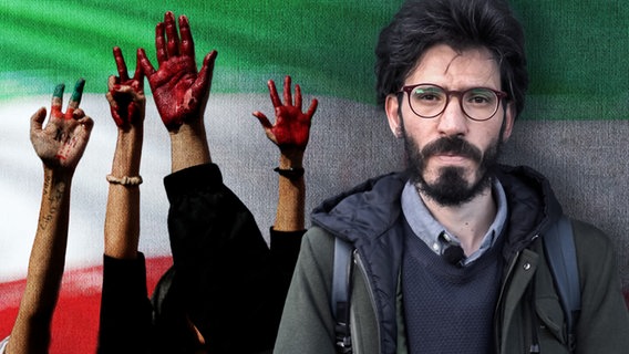 Collage: Journalist Omid Rezaee vor den Farben Irans und erhobenen Fäusten © NDR 