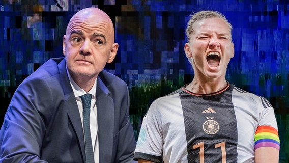 Collage: FIFA-Präsident Gianni Infantino und eine jubelnde Spielerin der deutschen Fußball-Nationalmannschaft © NDR 