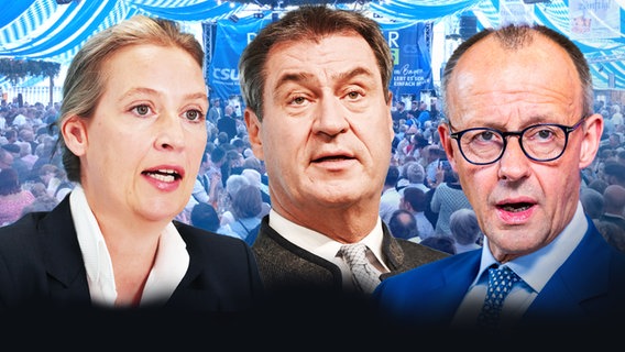 Alice Weidel, Markus Söder und Friedrich Merz vor einem Bierzelt © picture alliance, NDR 