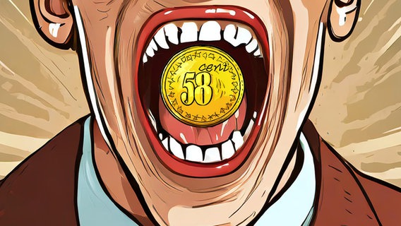 Ein riesiger geöffneter Mund im Comic-Style, im Mund ein Geldstück mit 58 Cent drauf © NDR 