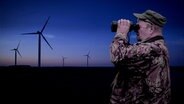 Collage: Jäger Falko Wiese schaut durch sein Fernglas. Im Hintergrund Windräder, die bei Nacht auf Feldern stehen. © NDR 