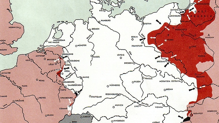 Ausschnitt der Europa-Karte vom 1. Februar 1945 aus dem "Atlas of the World Battle Fronts in Semimonthly Phases" des United States War Department, 1945, der die Gebietslage in zweiwöchigen Abständen dokumentiert. © This image is a work of a U.S. Army soldier or employee, taken or made as part of that person's official duties. As a work of the U.S. federal government, the image is in the public domain. Foto: United States War Department, General Staff 1945