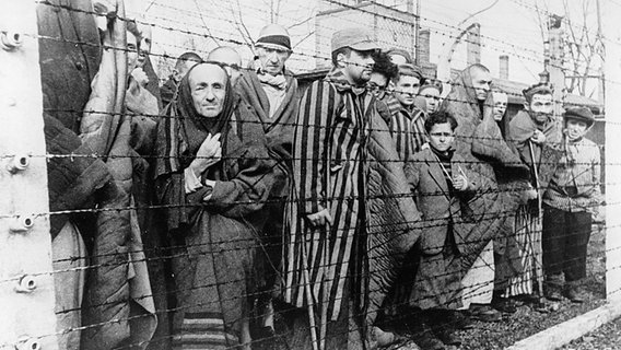 Männer und Kinder in Häftlingskleidung stehen in Decken gehüllt hinter einem Stacheldrahtzaun - Aufnahme nach der Auschwitz-Befreiung Ende Januar 1945. © picture alliance / akg-images 